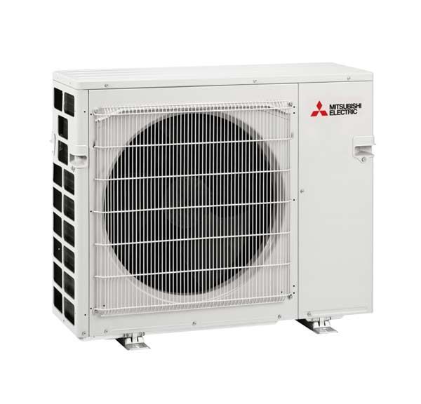 A white mitsubishi air conditioner is sitting on a white surface.