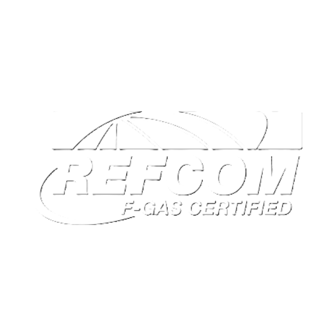 A white logo for a company called refcom e-gas certified.