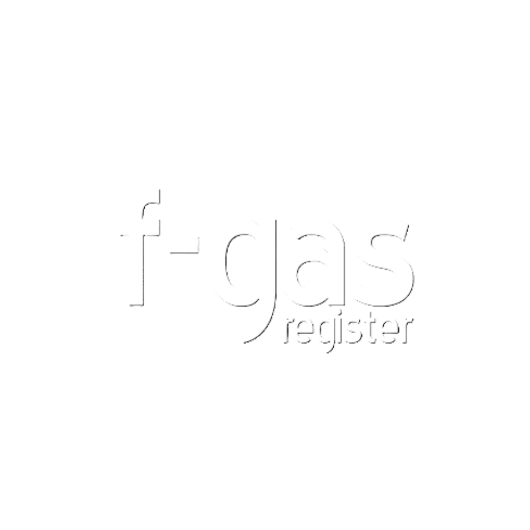 A logo for a company called f-gas register on a white background.