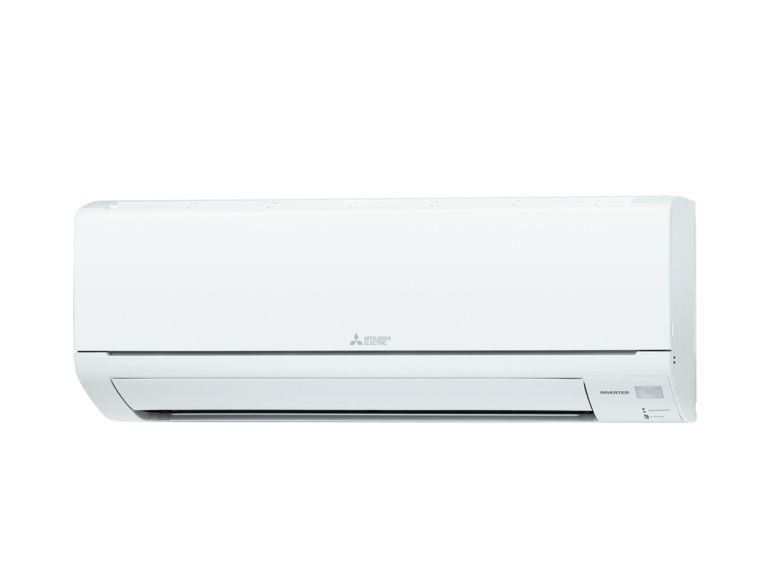 A white mitsubishi air conditioner is hanging on a white wall.
