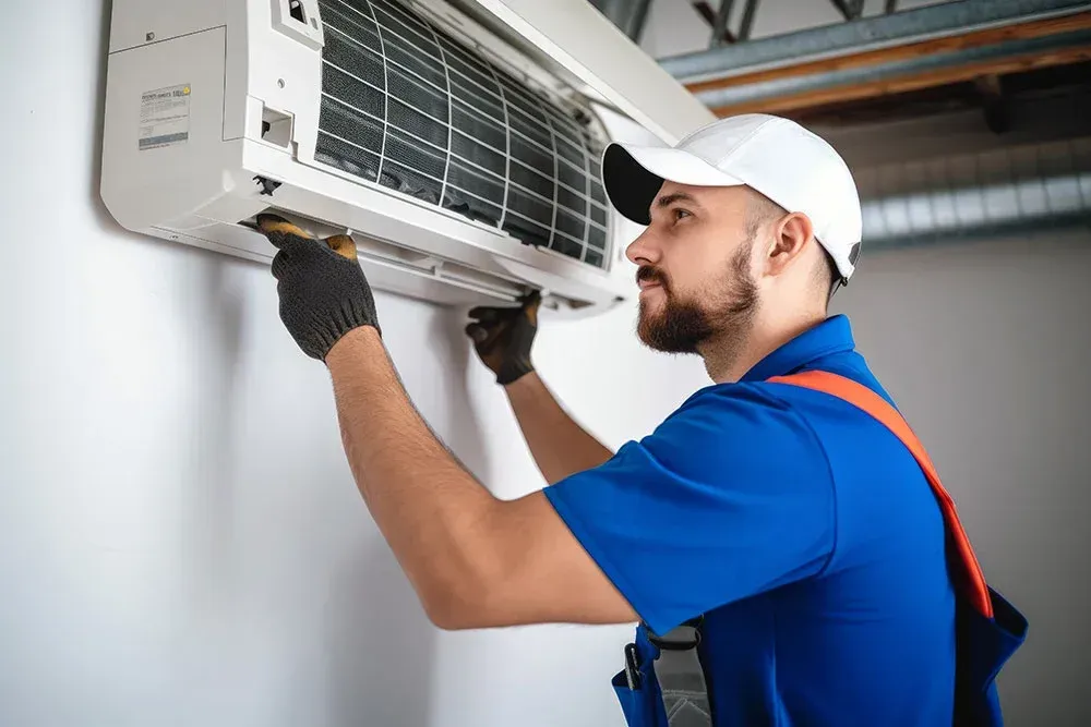 AC technician installing a wall-mounted air conditioning unit in a London home