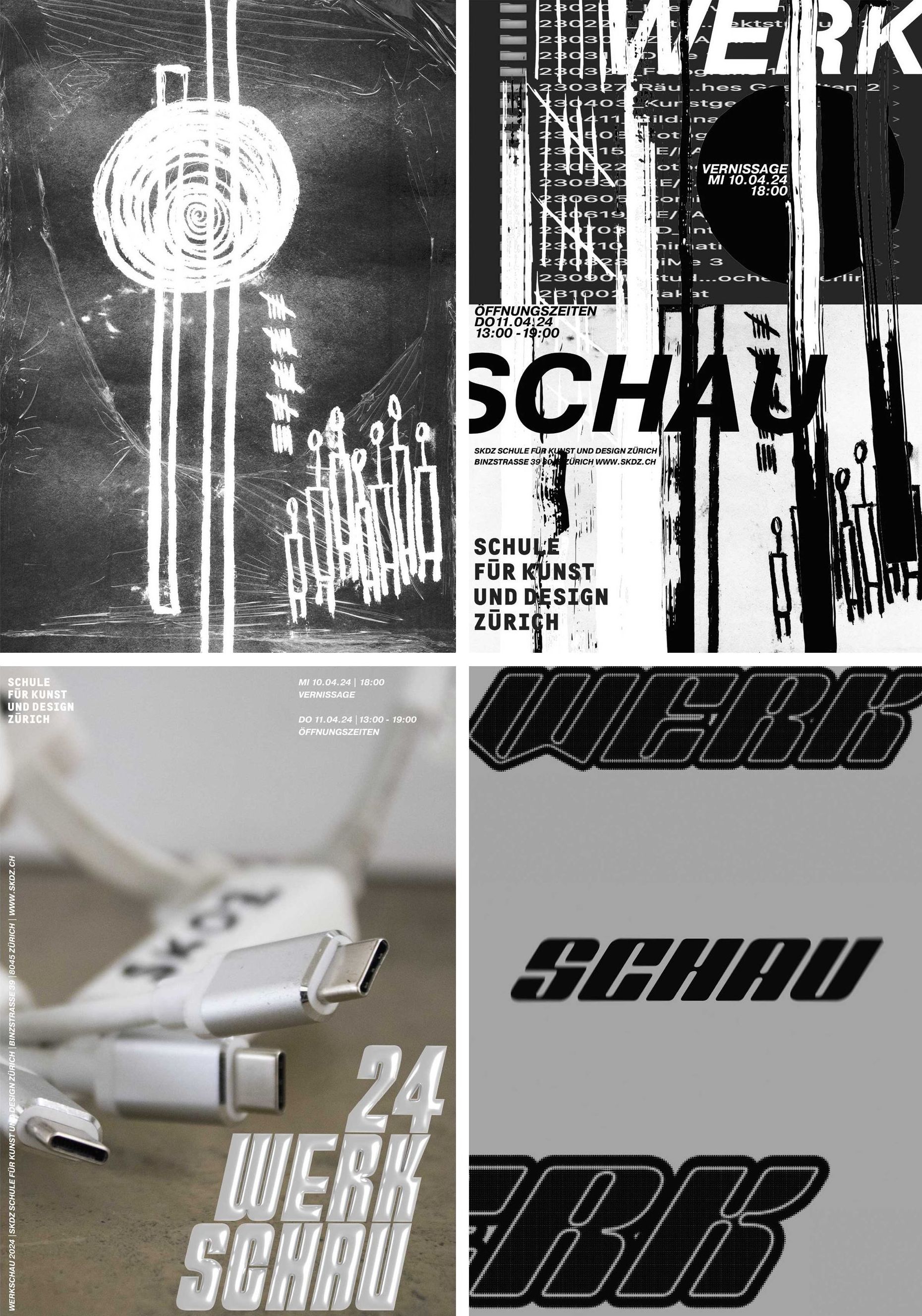 Four poster designs for the Werkschau 2024. 
The vernissage of the exhibition will take place on 10 April 2024, with all the works of the GVK TZ 22 A class on display.
Charcoal drawing, scanner, Adobe Photoshop, (4) 29,7 x 42 cm