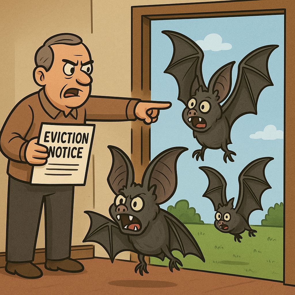 A bat is flying through the air with its wings spread.