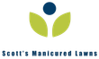 Logo for "Scott's Manicured Lawns" with a blue circle above two green leaf shapes.