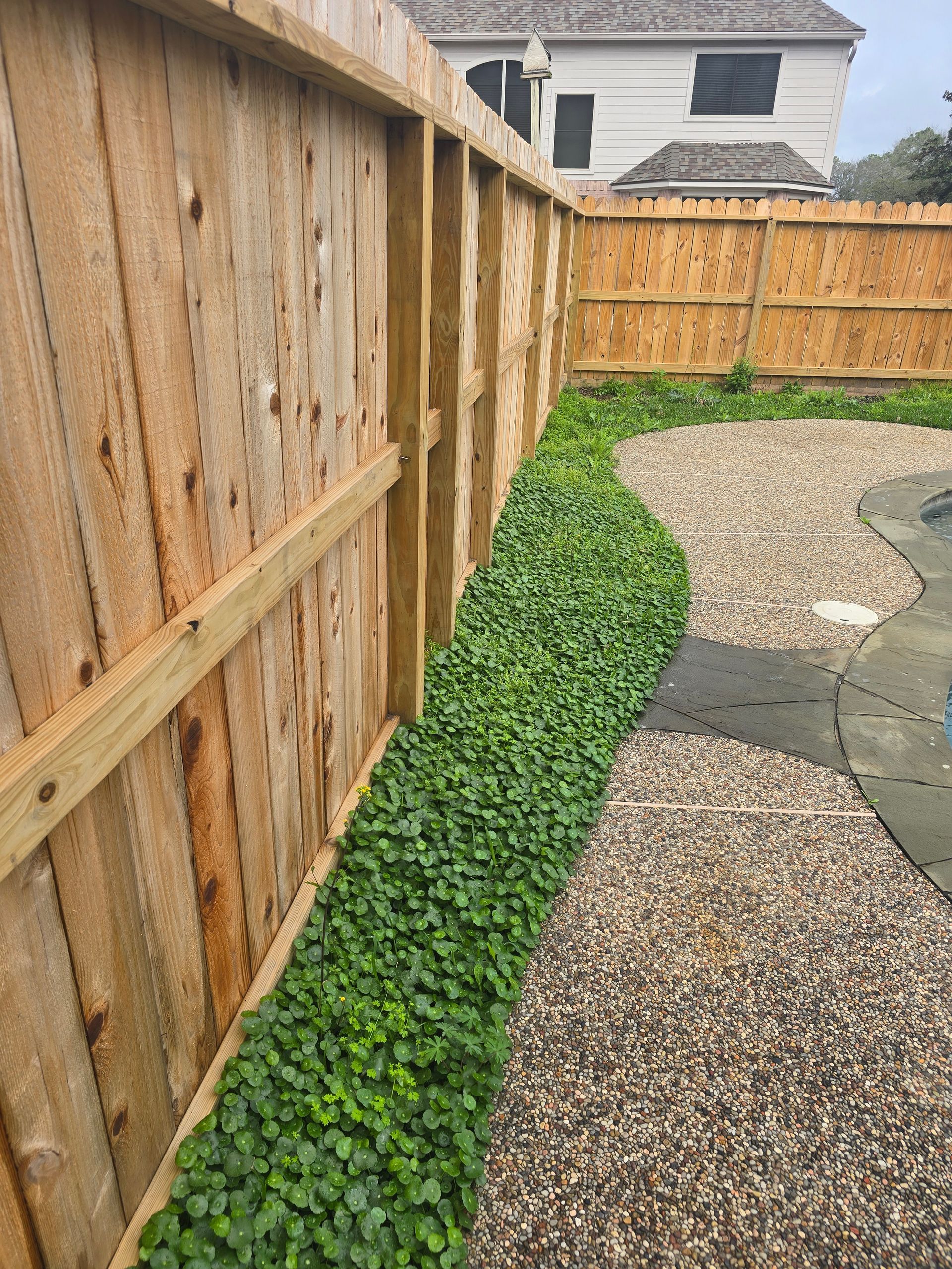 A backyard with a wooden fence and a lattice wall