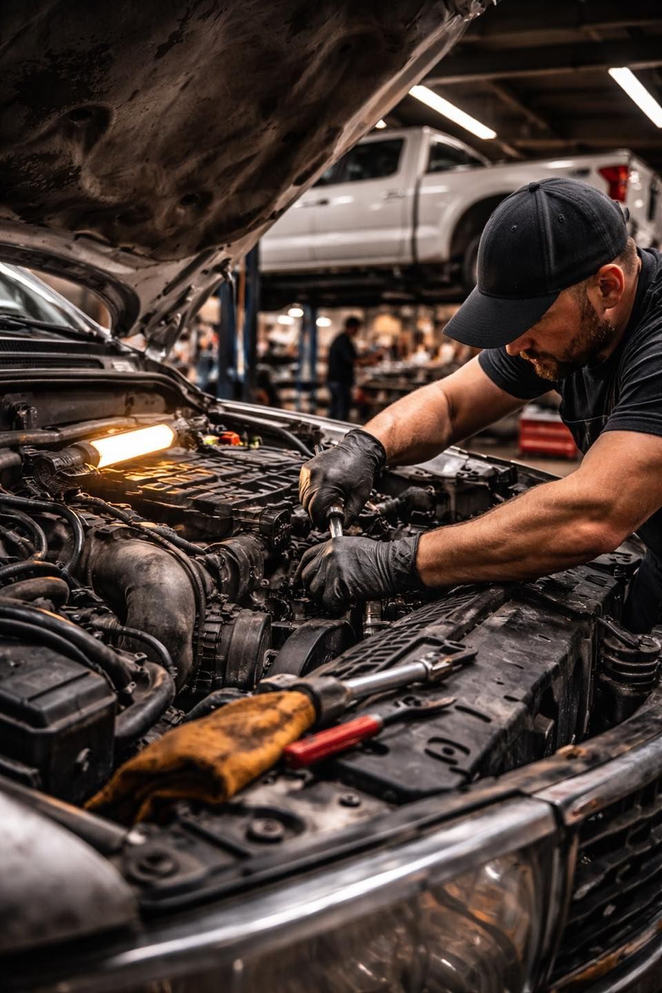 Mechanic working on car engine in a repair shop. Black gloves, cap, tools, another vehicle on a lift in background.