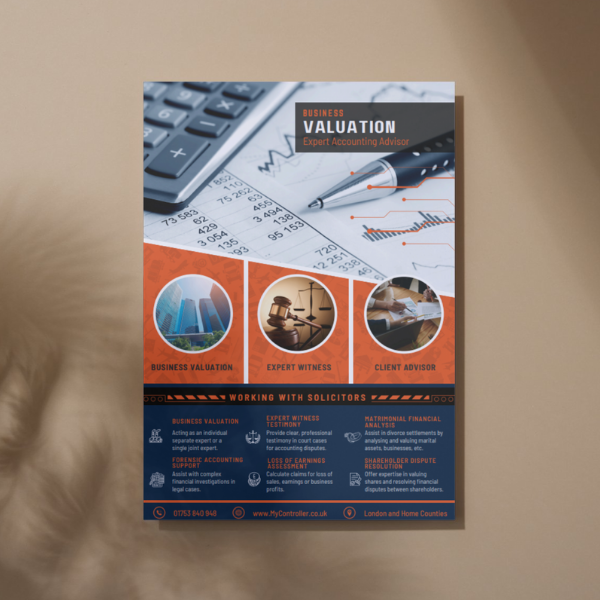 Flyer for valuation services with calculator, pen, and financial data. Includes three service sections and contact info.