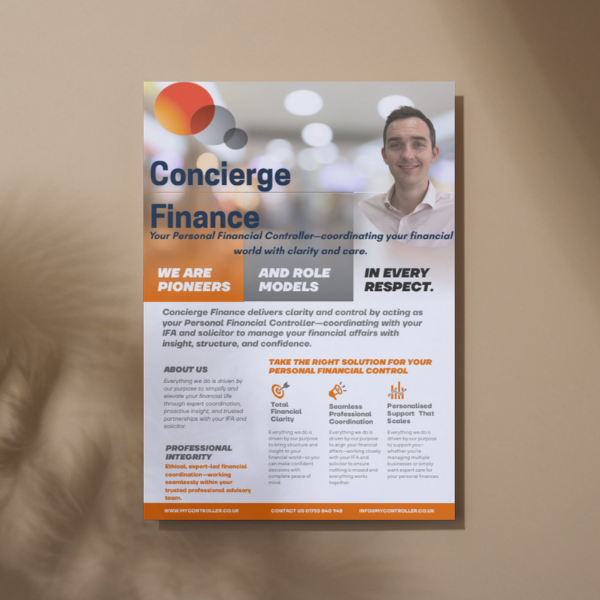 Flyer promoting Concierge Finance services; smiling man, orange and blue logo, text on a tan background.