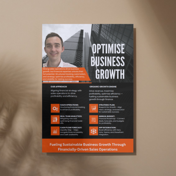 Flyer: Man and building, title "Optimise Business Growth" with orange highlights, lists key services.