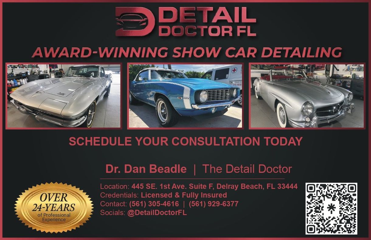 Promotional flyer for Detail Doctor FL in Delray Beach, Florida, showing three restored classic cars and contact details.