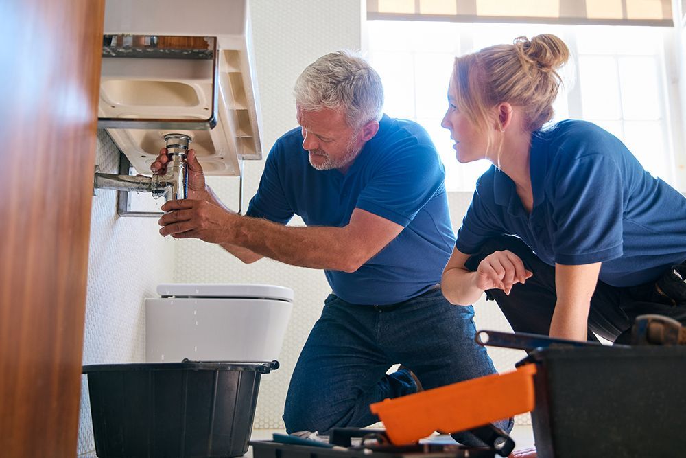 A man and a woman are fixing a sink in a bathroom.