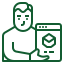 Green icon of interconnected elements: factory, package, warehouse, person, all linked to a central gear.