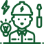 Green icon of interconnected elements: factory, package, warehouse, person, all linked to a central gear.