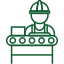 Green icon of interconnected elements: factory, package, warehouse, person, all linked to a central gear.