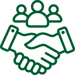 Green hands reaching towards a heart in the center, symbolizing care and support.