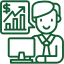 Green icon of interconnected elements: factory, package, warehouse, person, all linked to a central gear.