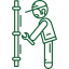 Green icon of interconnected elements: factory, package, warehouse, person, all linked to a central gear.