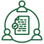 Green icon of interconnected elements: factory, package, warehouse, person, all linked to a central gear.