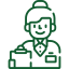 Green icon of interconnected elements: factory, package, warehouse, person, all linked to a central gear.