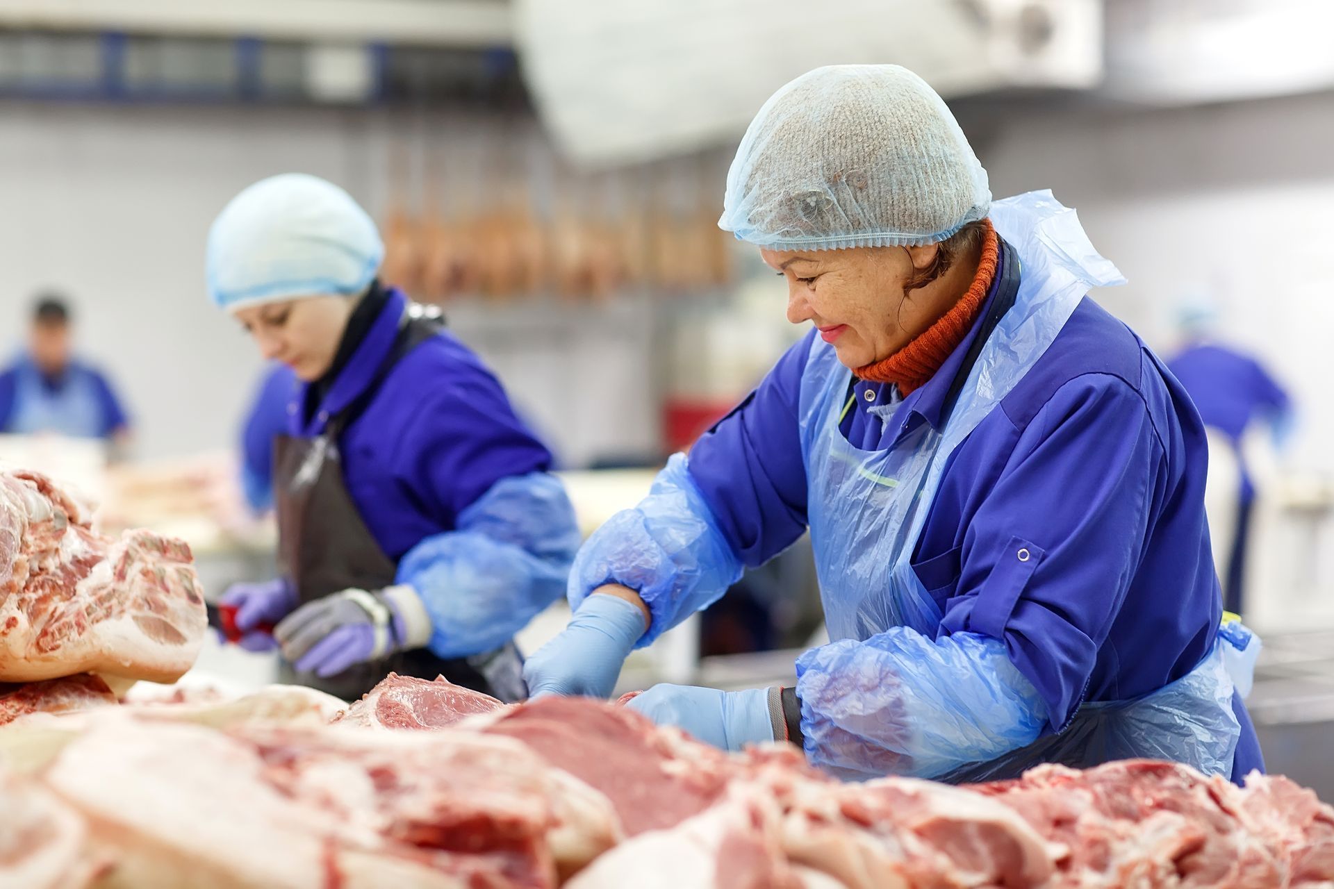 Two women are working in a meat factory cutting meat.