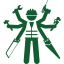 Green icon of interconnected elements: factory, package, warehouse, person, all linked to a central gear.