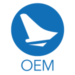 Logo circulaire bleu avec forme abstraite blanche, texte « OEM ».