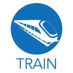 Cercle bleu avec une icône de train blanche et le mot « TRAIN » en dessous.