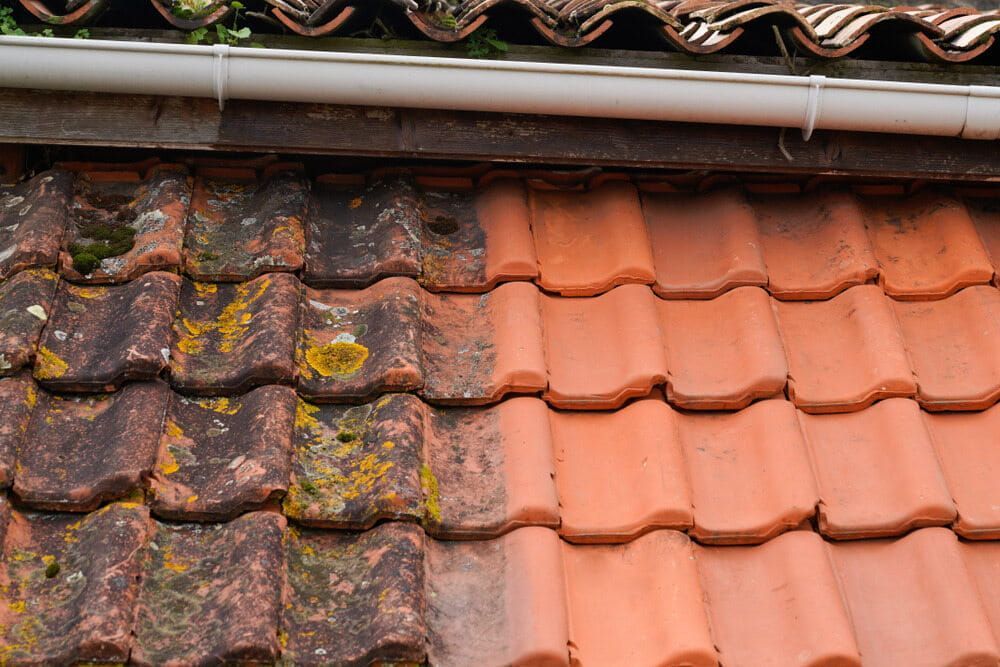 Roof Tiles Showing a Comparison: Left Side Is Stained and Covered in Moss, the Right Side Is Clean and Orange — EDU-BABA Pressure Cleaning in Gungahlin, ACT