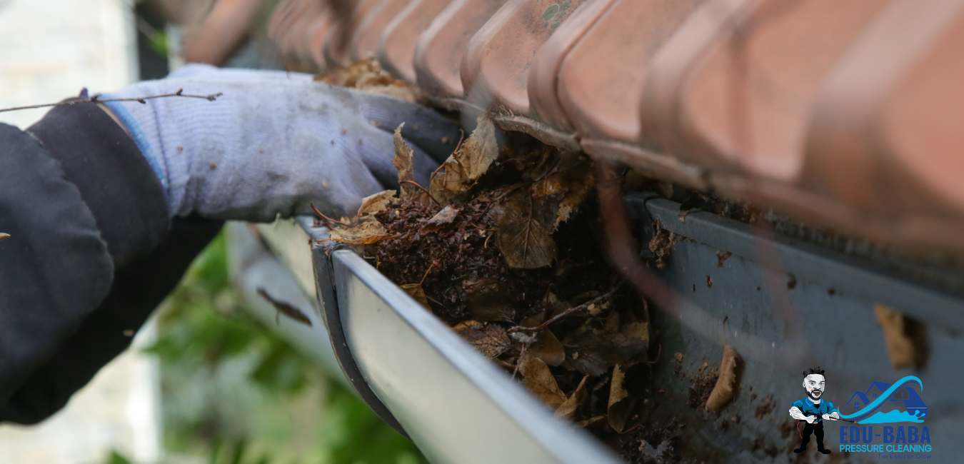 A Person is Cleaning a Gutter on the Side of a House — EDU-BABA Pressure Cleaning in Evatt, ACT