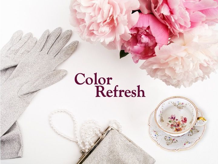 Pink and cream floral beauty flat lay with gloves, handbag, teacup, and “Color Refresh” text