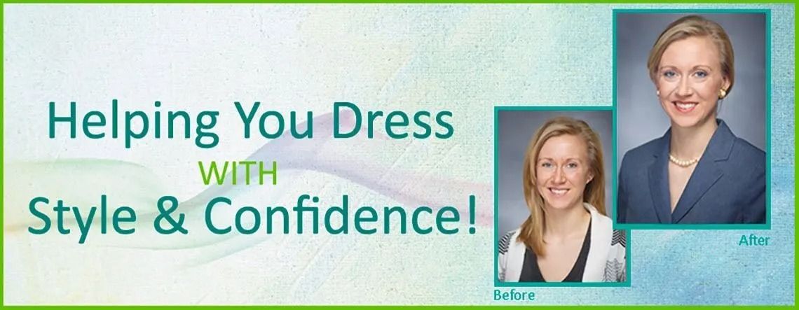 Teal banner reading “Helping You Dress with Style & Confidence!” with two small portrait photos on the right.