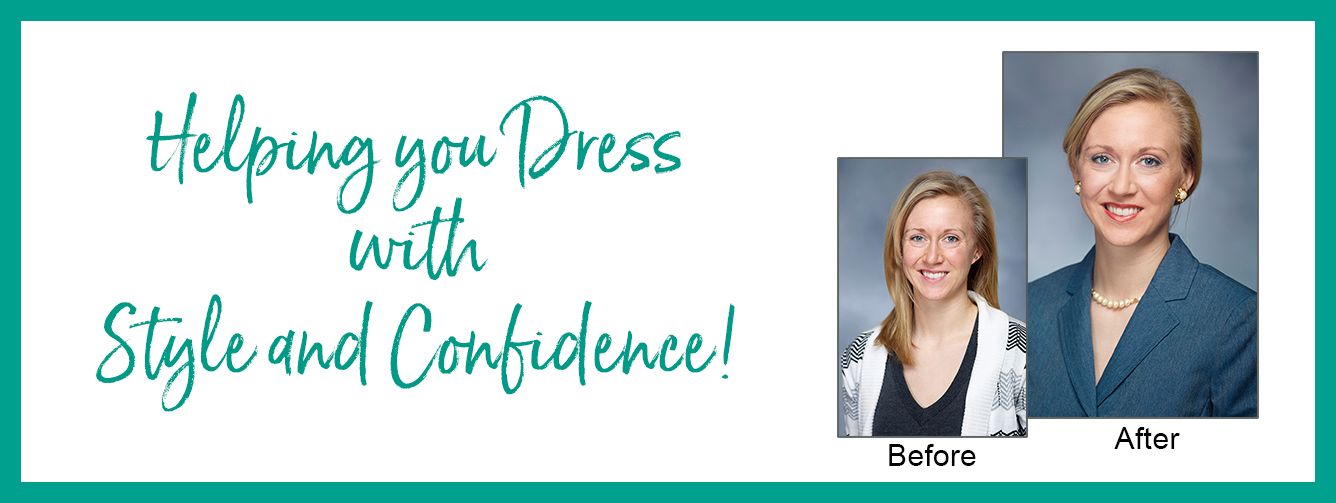 Teal banner reading “Helping You Dress with Style & Confidence!” with two small portrait photos on the right.