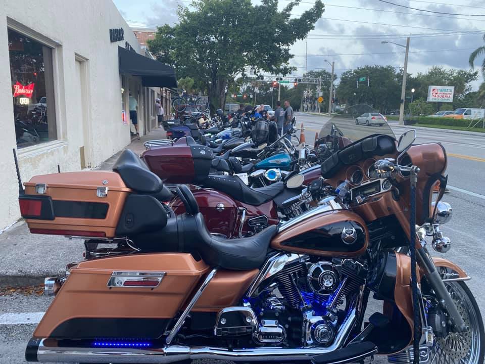 A row of harley davidson motorcycles are parked on the side of the road