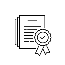 A line drawing of a certificate with a ribbon and a check mark.