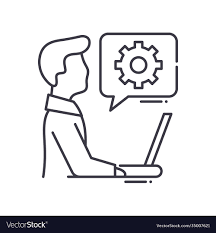 A man is sitting in front of a laptop computer with a gear in a speech bubble.