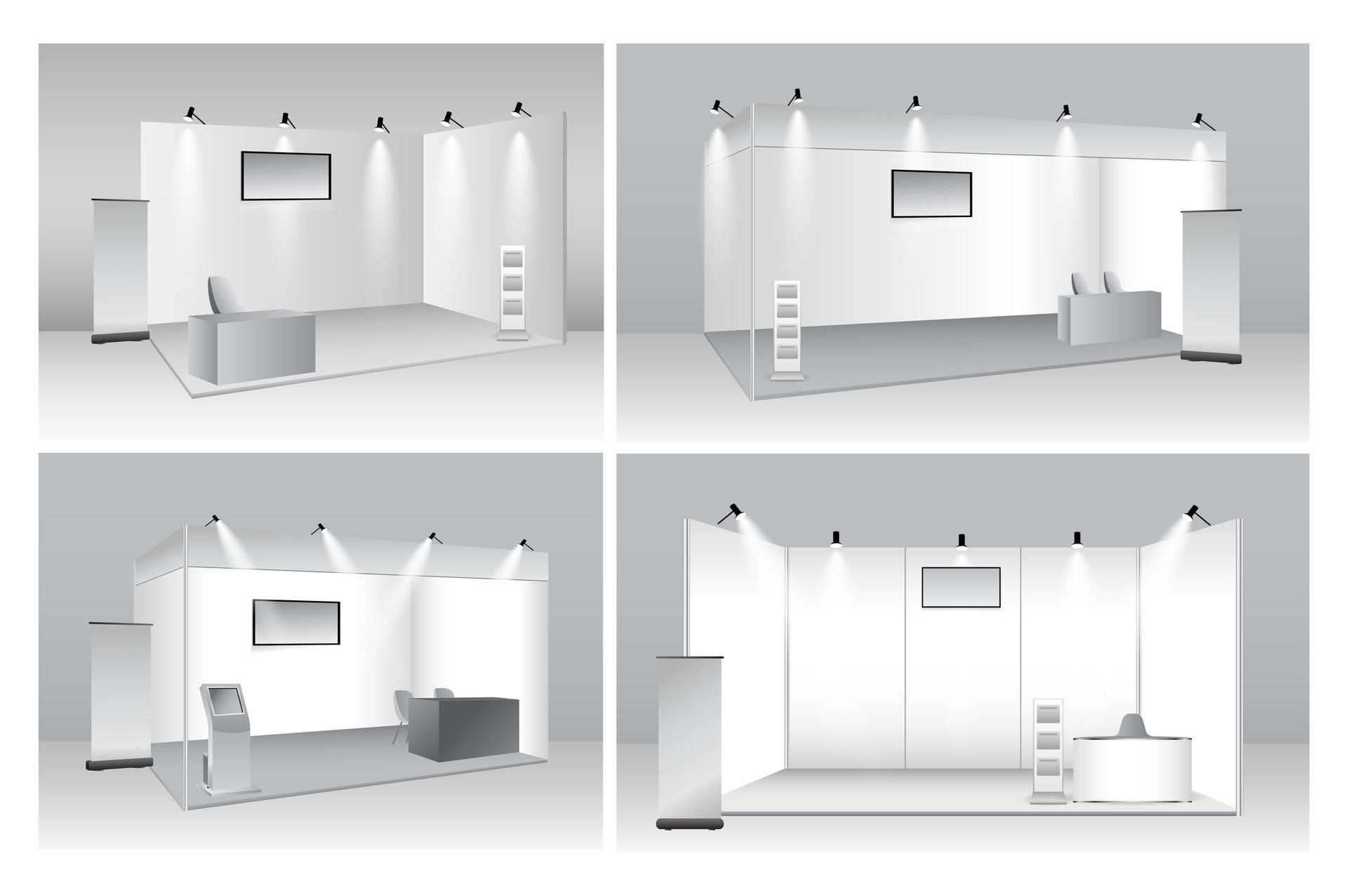 Four white exhibition stand designs with counters, shelves, and spotlights in each layout. Four white exhibition stand designs with counters, shelves, and spotlights in each layout.
