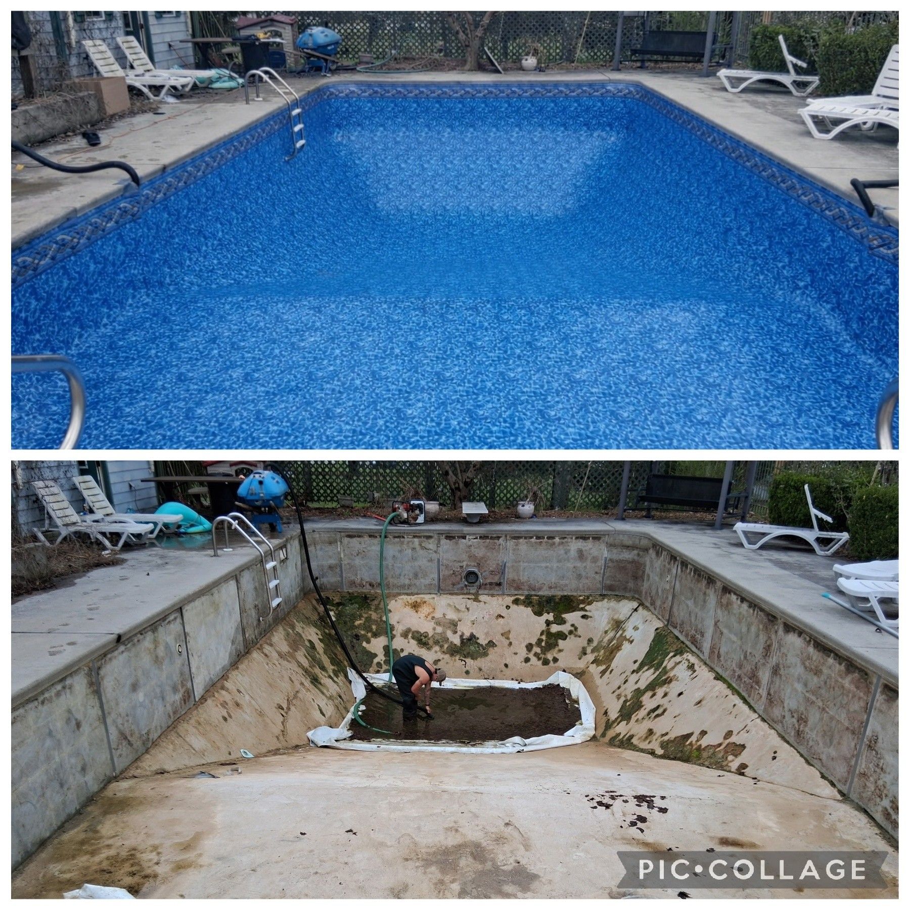 Before-and-after photos of a backyard pool renovation, showing the dirty, empty pool basin and the updated blue liner.