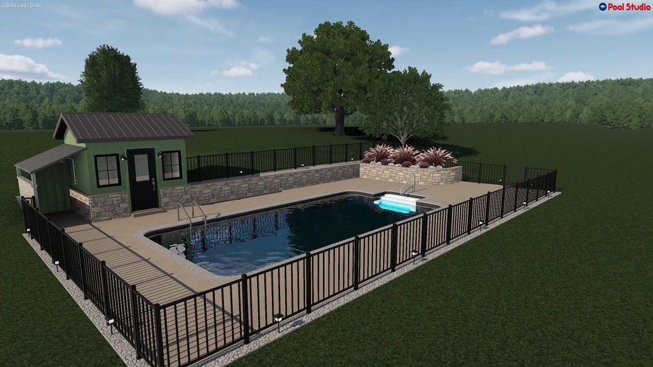 A rendering of a rectangular pool with a stone wall, deck, black fence, and small green pool house in a grassy field.