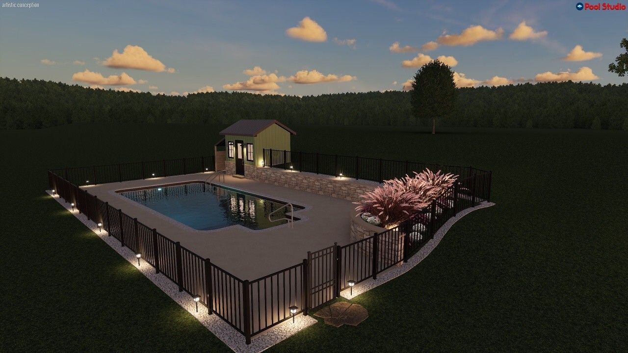 An evening 3D render of an outdoor pool area with a small pool house, a surrounding fence, and lit pathway lights.