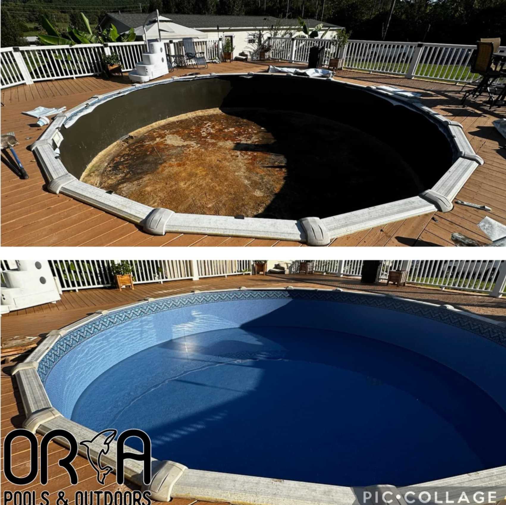 Top: empty pool before liner replacement. Bottom: pool with new blue liner.