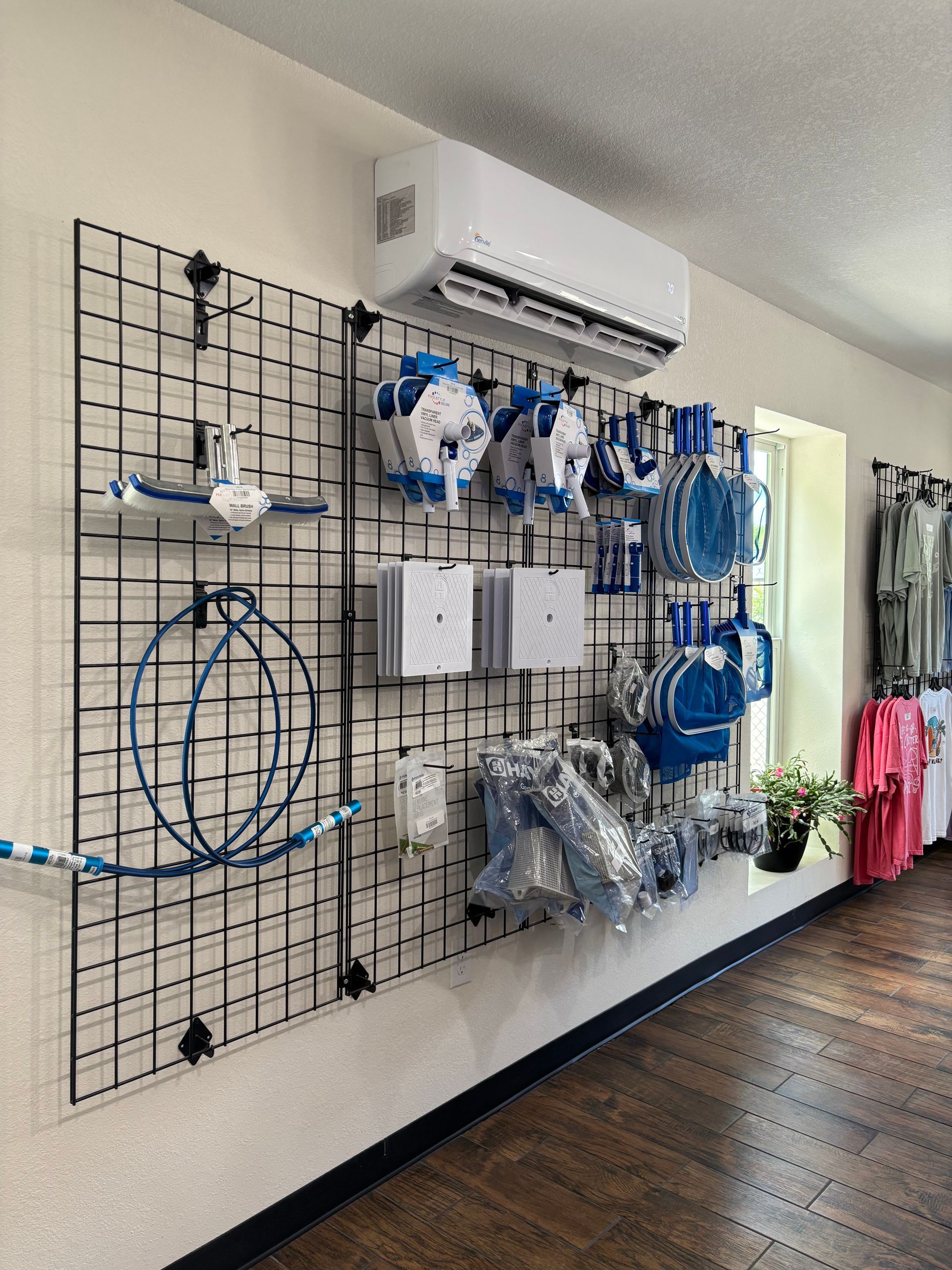 A wall filled with lots of blue and white items.