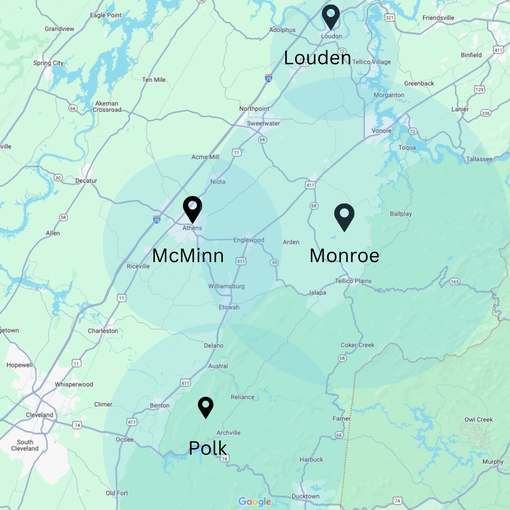A map showing the location of mcminn , monroe , and polk.