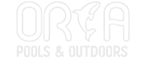 A blue logo for orca pools and outdoors