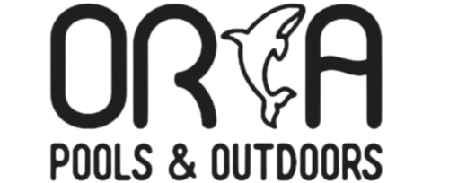 A blue logo for orca pools and outdoors
