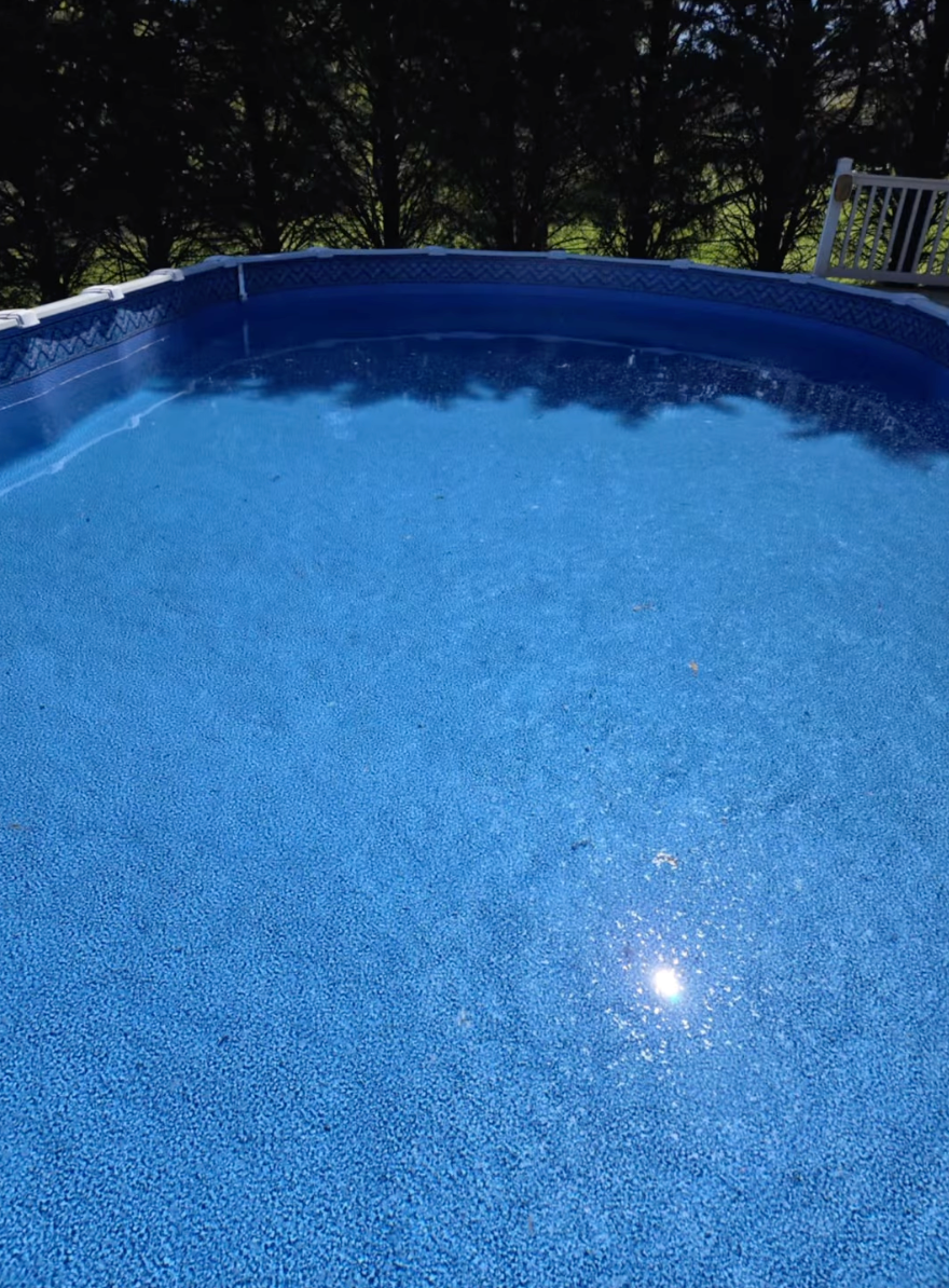 A large swimming pool filled with blue water and trees in the background.