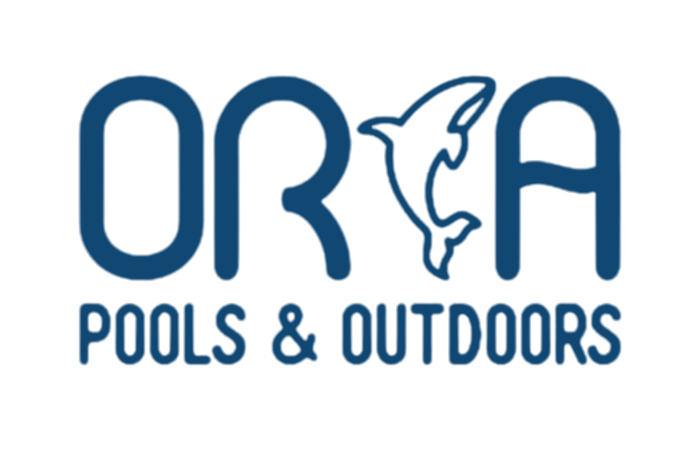 A blue logo for orca pools and outdoors