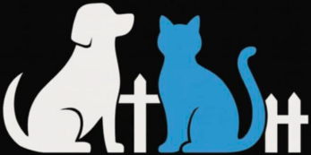 White dog and blue cat silhouettes sit behind a white picket fence against a black background.