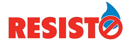 Un logo rouge et bleu pour Resisto avec une goutte d'eau au milieu