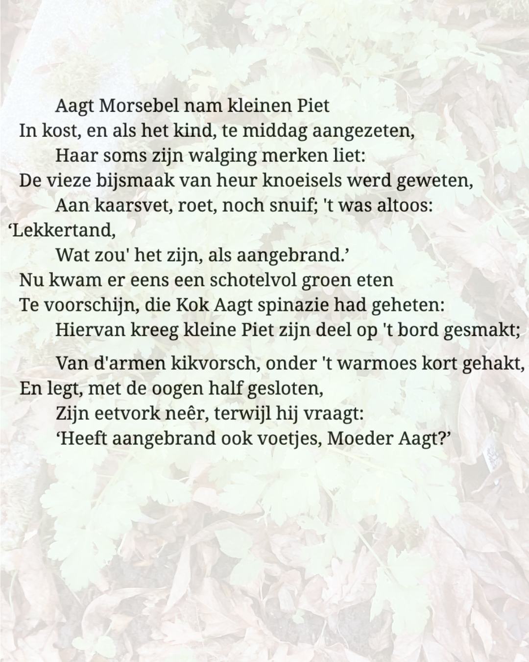 Tekst uit een gedicht, handgeschreven met zwarte inkt op oud papier.