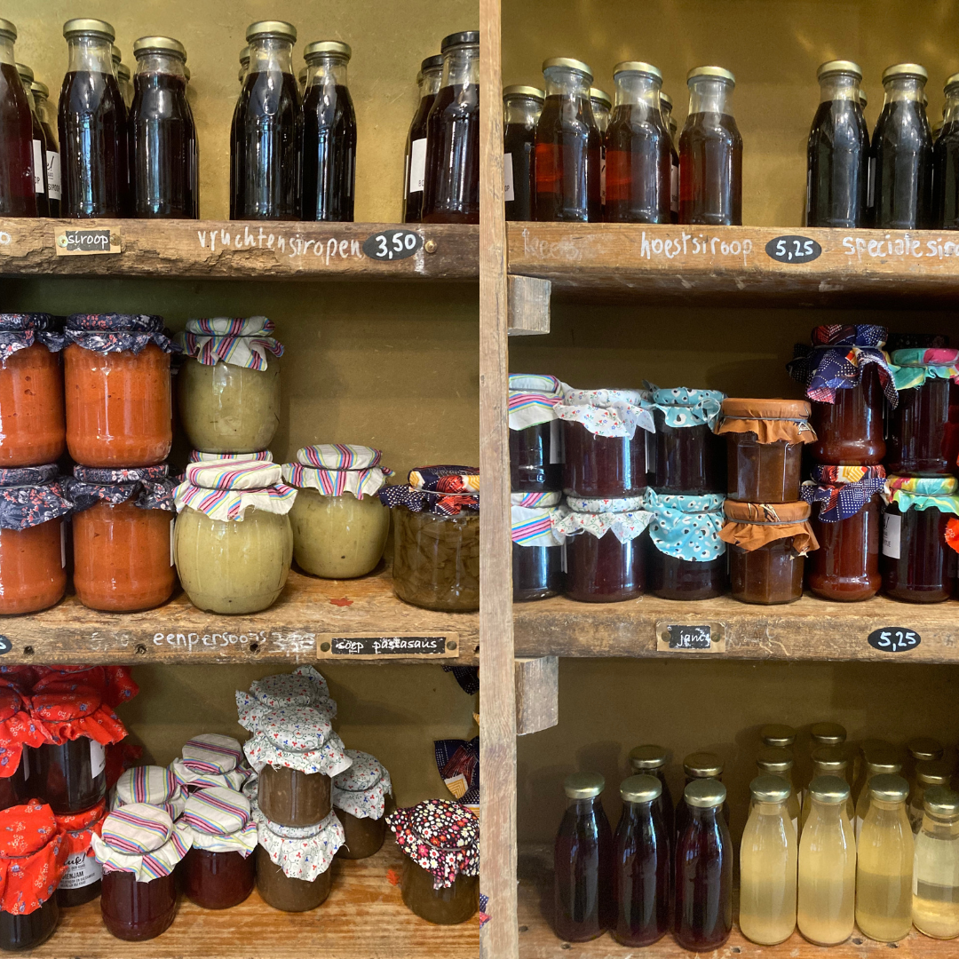 geluk in je voorraadkast. planken met siroop, hoestsiroop, soepen, jams en chutney